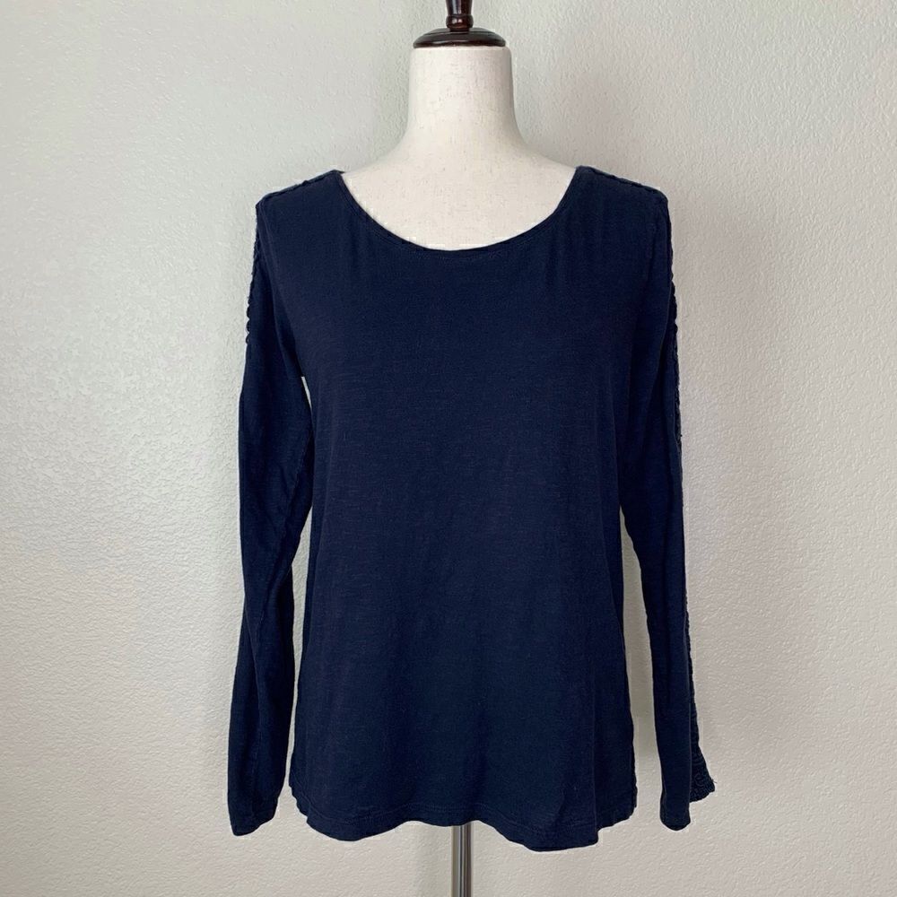 Ann Taylor Loft Navy Blue Long Sleeves Lace Sleeves Trim Sweater